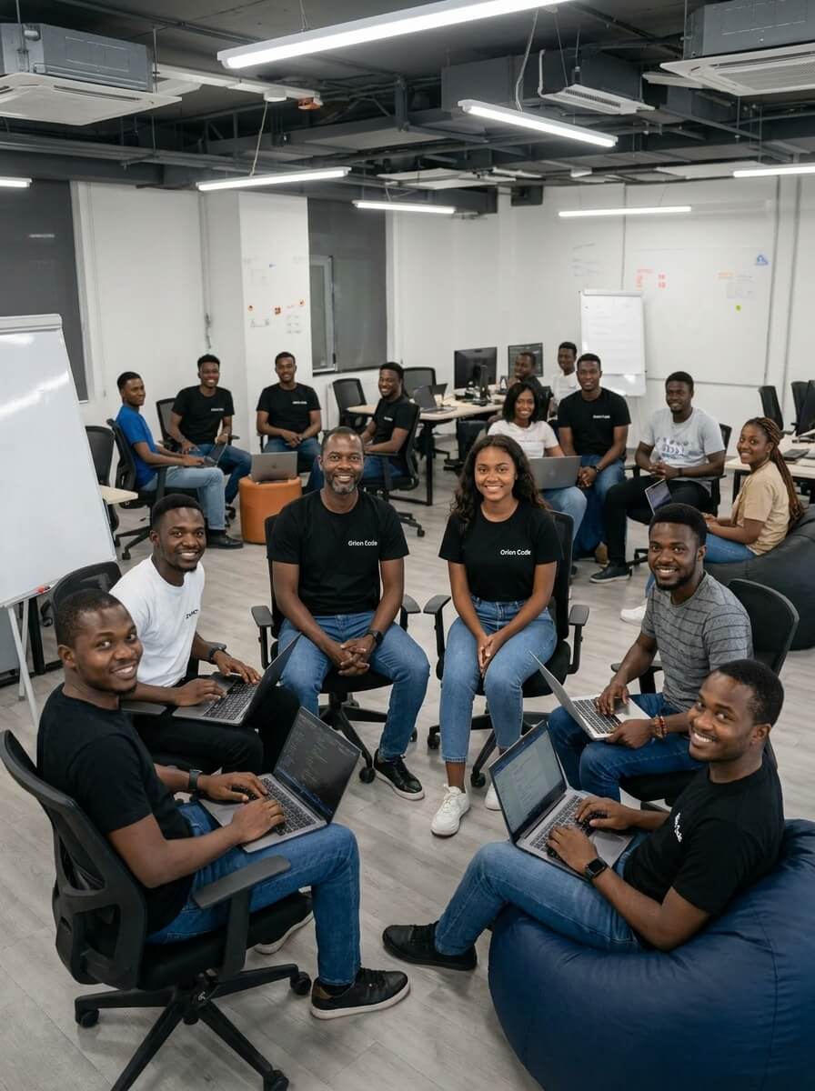 Equipa OrionCodeTech reunida no escritório a desenhar websites, sistemas, integrações e automações para clientes